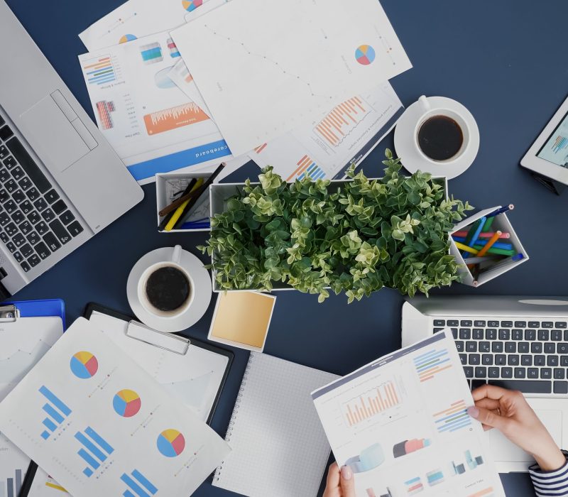 Top view of manager woman analyzing financial paperwork strategy typing expertise on laptop working in startup office. Businesswoman developing management accounting statistics braistorming ideas